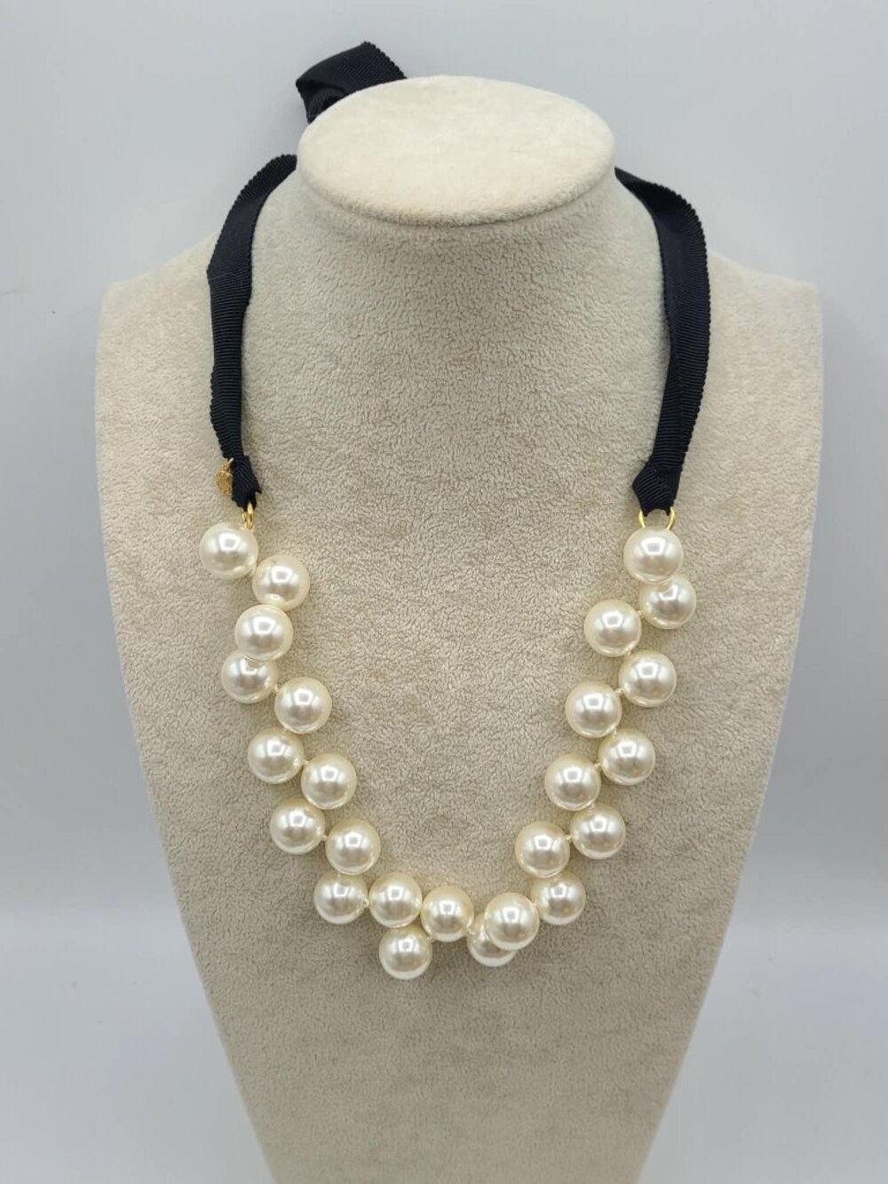 J Crew Faux Pearl Necklace with Black Ribbon Tie